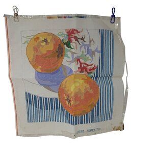 Vintage Jean Smith Orange‎ Blue Stripe Floral Needlepoint Art Canvas Fruit 18"